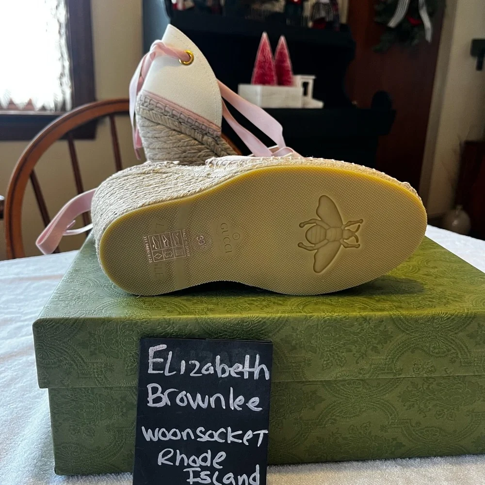 Gucci women’s interlocking G white and pink wedge espadrille ribbon tie BNIB - Picture 5 of 7